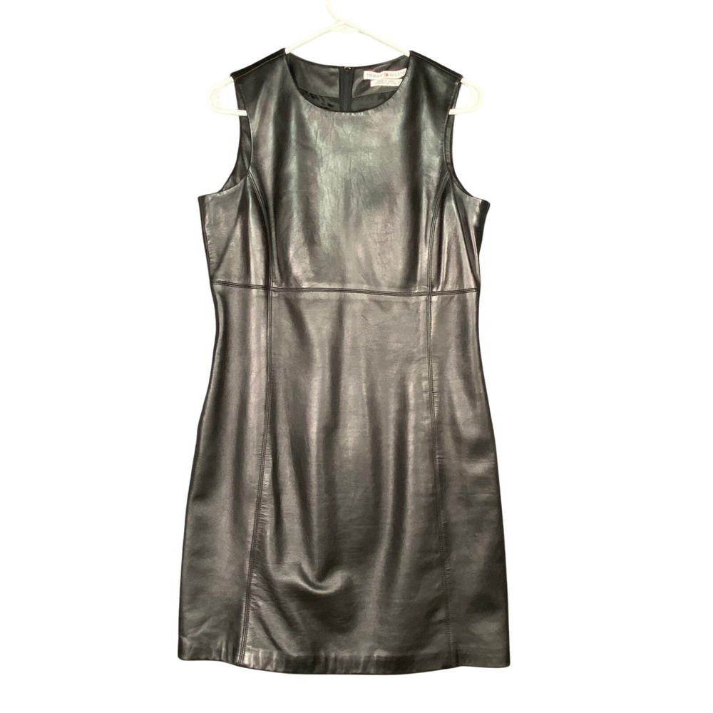 Vintage Tommy Hilfiger Black Leather Dress Size‎ 10 Sleeveless Sheath Mini 90s